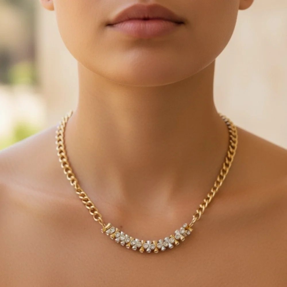 Gold Crystal Accent Curb Chain Necklace - Picture 2 of 2